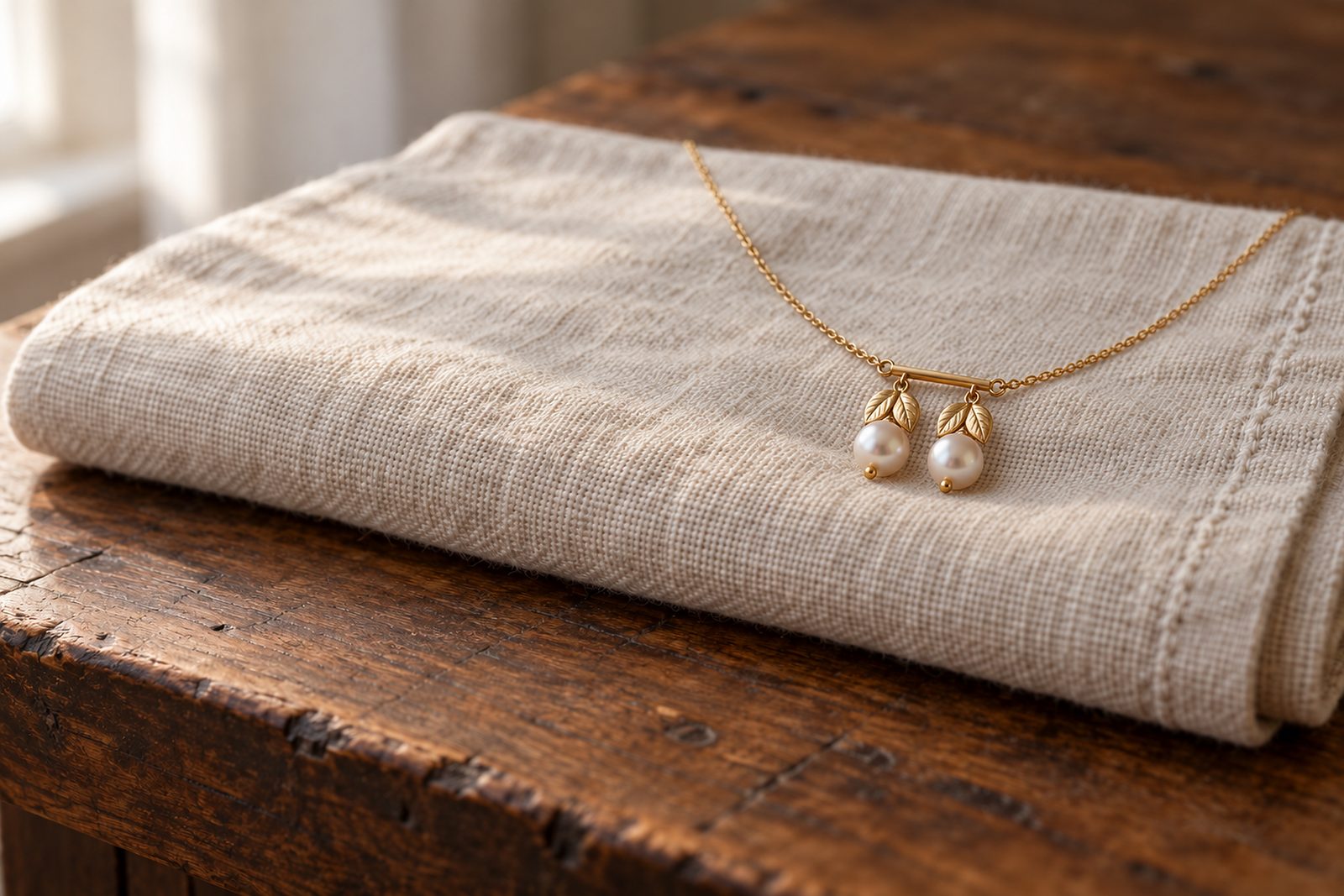 Dieselben beiden Perlen mit Blattkappen hängen jetzt an einem feinen goldenen Collier auf Leinen.