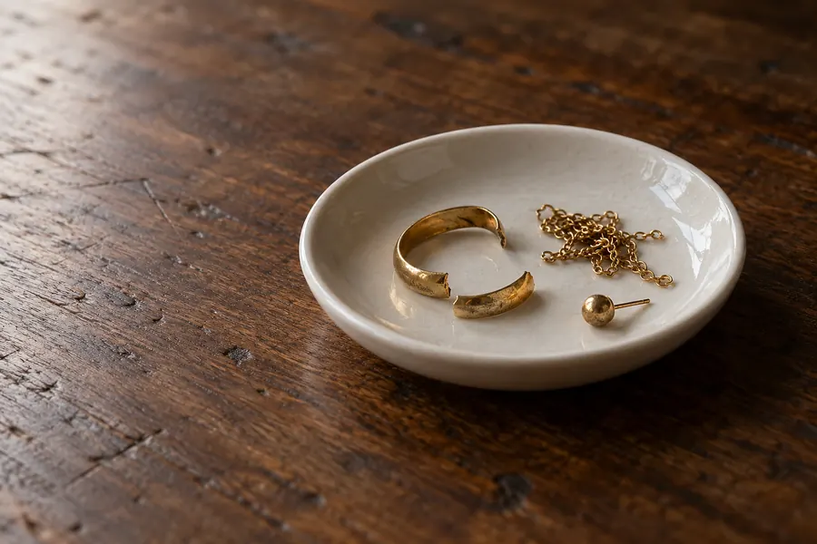 Porzellanschale mit Goldresten: Ringstücke, ein Stück Kette und ein einzelner Ohrstecker.